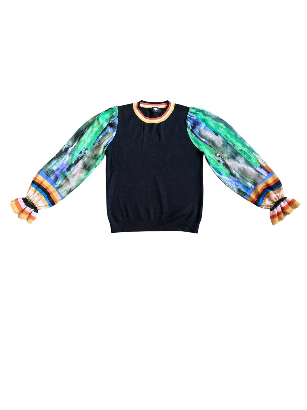 Fate Black Crewneck Sweater with Green and Blue Watercolor Puff Sleeves
